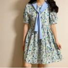 Set: Floral Print Short-sleeve Mini A-line Dress + Shawl