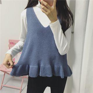Plain V-neck Ruffle Knit Vest