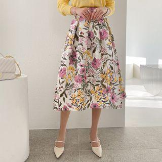 Flower-pattern Flared Long Skirt