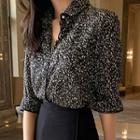 Printed Elbow-sleeve Shirt / Side-slit Midi A-line Skirt