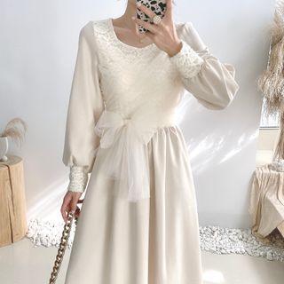 Lantern-sleeve Bow Accent Midi A-line Dress