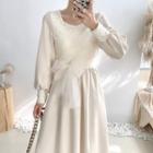 Lantern-sleeve Bow Accent Midi A-line Dress
