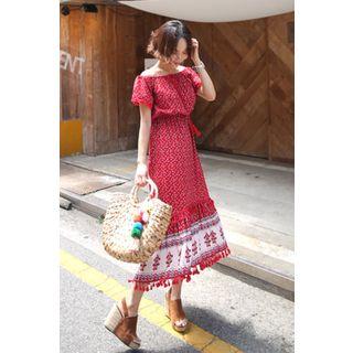Short-sleevel Tasseled Printed Long Dress