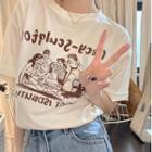 Elbow-sleeve Cartoon Print T-shirt Coffee Print - White - One Size