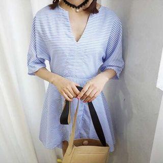 Striped Elbow-sleeve A-line Dress
