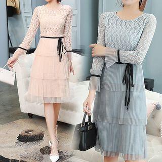 Lace Panel Long-sleeve Tiered A-line Dress