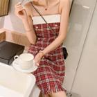 Lantern-sleeve Chiffon Blouse / Spaghetti Strap Mini Plaid Dress