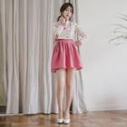 Set: Hanbok Top (floral / Ivory) + Skirt (mini / Purple)