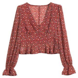 Cropped Floral Print V-neck Chiffon Blouse
