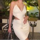 Set: Plain Halter V-neck Cropped Camisole + Plain High-waist Tie-front Mini Skirt