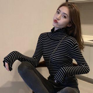 Lettuce Edge Striped Turtleneck Knit Top