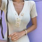 Buttoned Rib-knit A-line Mini Dress