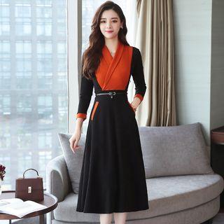 3/4-sleeve Color Panel Midi A-line Dress