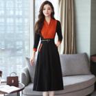 3/4-sleeve Color Panel Midi A-line Dress