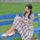 Frilled Plaid Midi Pleat Dress