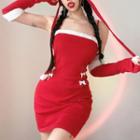 Spaghetti Strap Fluffy Trim Cutout Mini Christmas Dress / Arm Sleeves / Hat / Set