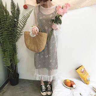 Set: Floral Strappy Dress + Sheer Polka Dot Midi Dress