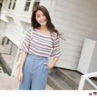 Ruffle Sleeve Striped Round Neck Top