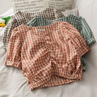 Checker Ruched V-neck Blouse