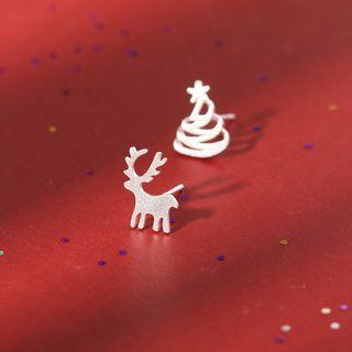Christmas Deer & Tree Asymmetrical Sterling Silver Earring 1 Pair - Tree & Deer - One Size
