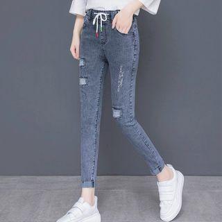 Distressed Drawstring Skinny Jeans