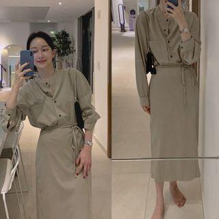Long-sleeve Tie-waist Midi A-line Dress Coffee - One Size
