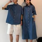 Elbow-sleeve Denim Shirt / Midi Shirtdress