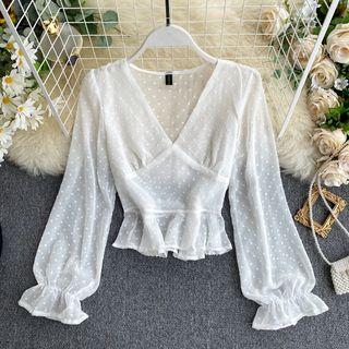 V-neck Dotted Cropped Chiffon Blouse