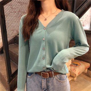 V-neck Single-breasted Long-sleeve Knit Top