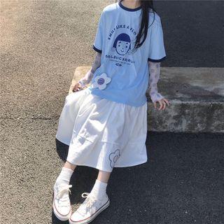 Printed Short-sleeve T-shirt / Flower Embroidered Midi A-line Skirt / Set