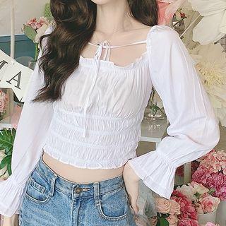 Square-neck Lantern-sleeve Blouse White - One Size