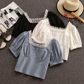 Balloon-sleeve Mesh Ruffle Blouse