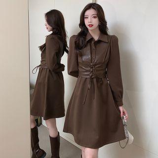 Set: Long-sleeve Collared A-line Dress + Lace Up Faux Leather Vest