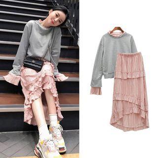 Set: Mock Two-piece Pullover + Irregular Hem Midi Skirt As Shown In Figure - One Size