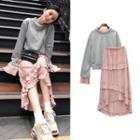 Set: Mock Two-piece Pullover + Irregular Hem Midi Skirt As Shown In Figure - One Size