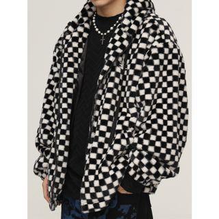 Checkered Fluffy Zip Jacket