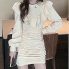 Long-sleeve Frill Trim Ruched Mini Bodycon Dress Almond - One Size