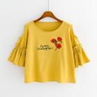 Elbow-sleeve Shoulder Cut Out Embroidered T-shirt