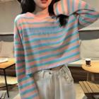 Striped Long Sleeve Cropped T-shirt Stripe - Tangerine & Blue - One Size