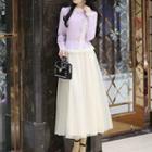 Long-sleeve Lace Trim Midi Mock Two-piece Dress