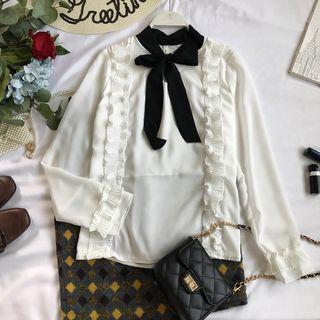 Ruffle-trim Tie-neck Long-sleeve Blouse White - One Size