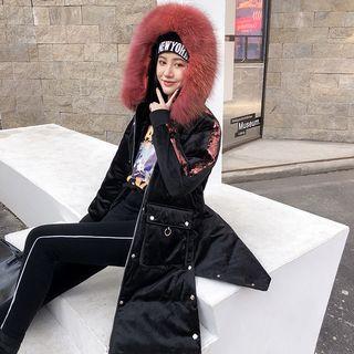 Sequined Panel Hooded Zip Padded Long Coat