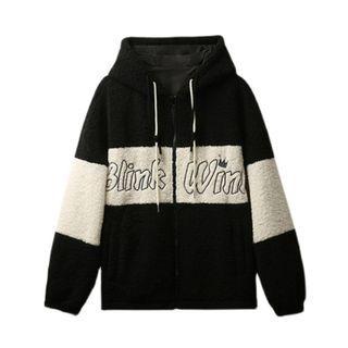 Two-tone Lettering Fleece Zip-up Hoodie