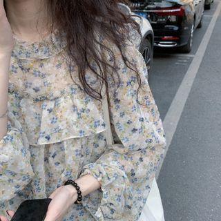 Long-sleeve Floral Top / Denim Midi Overall Dress