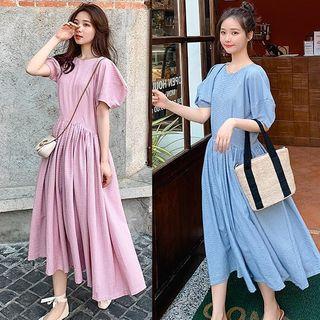 Puff Sleeve Pleated Hem Midi Dress
