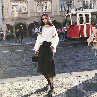 Set: Contrast-trim One-shoulder Sweater + Midi Mesh-overlay A-line Skirt