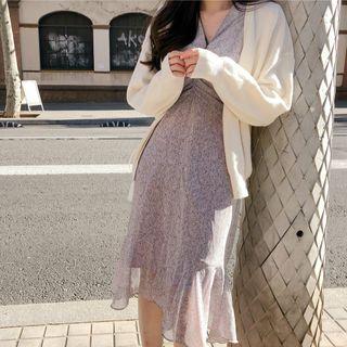 Ruched Elbow-sleeve Midi A-line Chiffon Dress