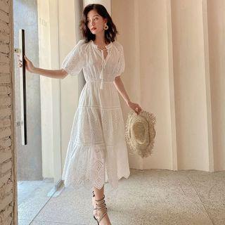 Puff-sleeve Tasseled Midi A-line Eyelet Lace Dress