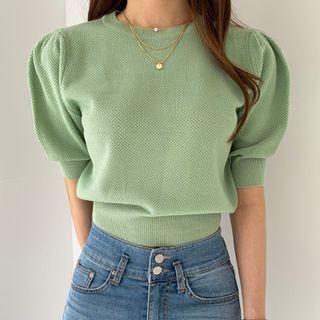 Puff-sleeve Plain Knit Crop Top