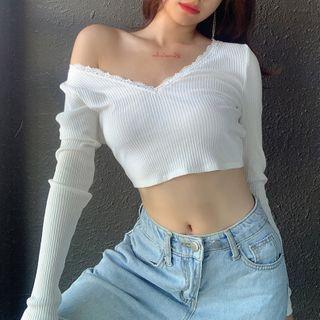 Long-sleeve Lace Trim Tie-back Crop Top